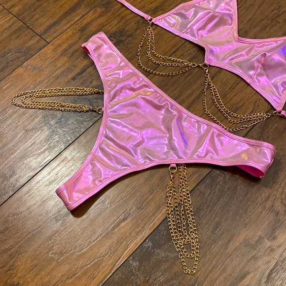 Pink Holographic Chain Decor Rave Bikini Set - Picture 2 of 7